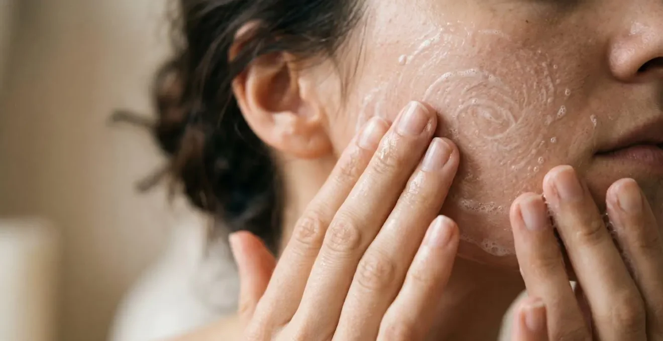 Primer plano de manos aplicando limpiador facial con agua, movimientos suaves y conscientes, ritual de belleza meditativo