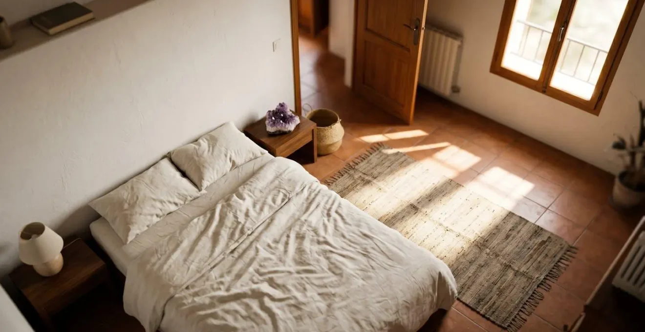 Vista aérea de dormitorio español con zonas de colocación de cristales según feng shui