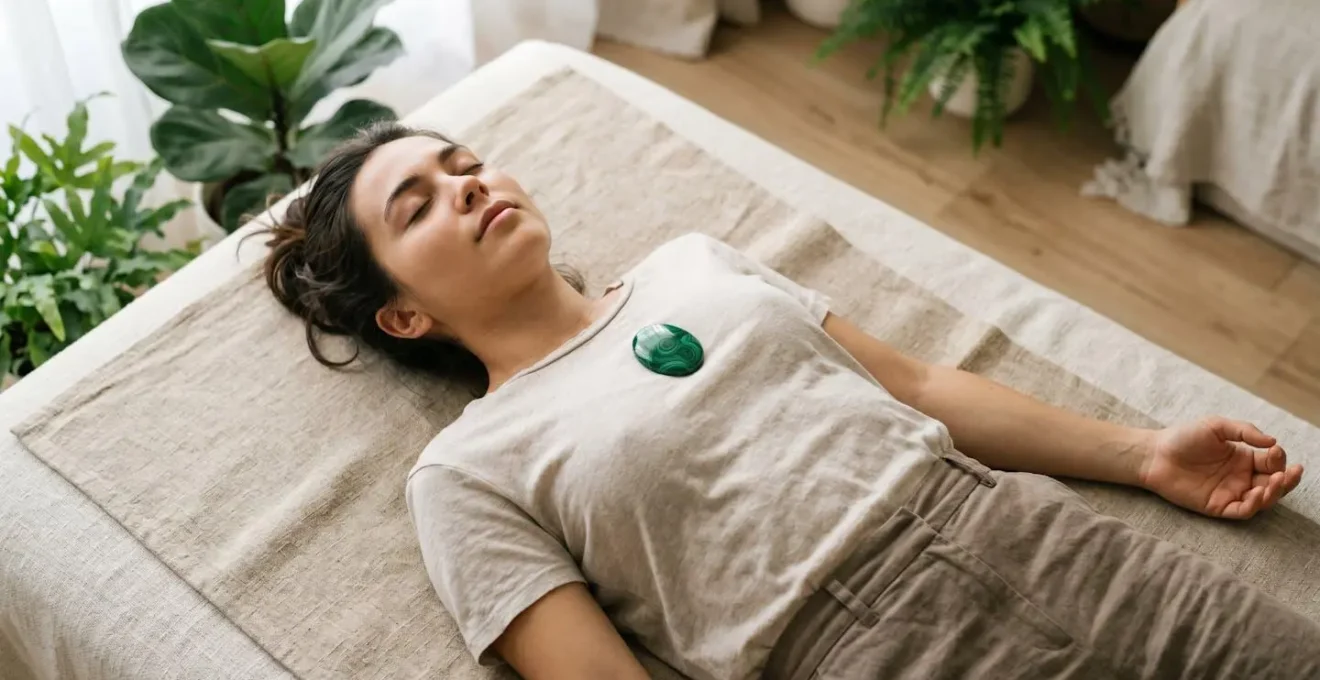 Persona en meditación tumbada con piedra de malaquita verde colocada sobre el pecho en posición de chakra del corazón