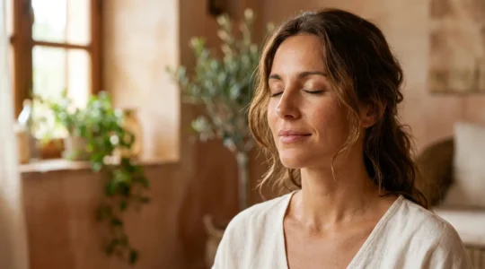 Rostro sereno de mujer meditando con luz natural que simboliza la conexión entre mindfulness y salud de la piel
