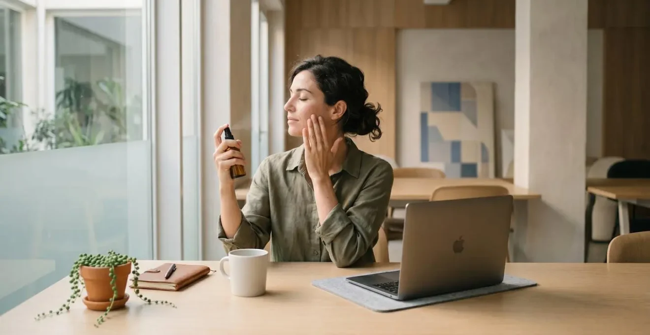 Ritual de autocuidado minimalista en entorno de trabajo, pausa consciente con producto natural