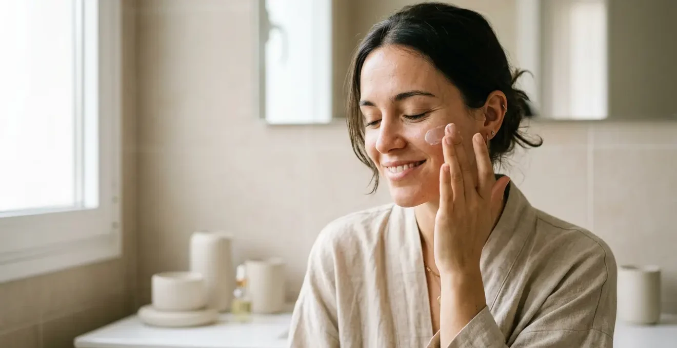 Mujer joven española aplicando crema facial con expresión serena y tranquila, cuidado consciente de la piel