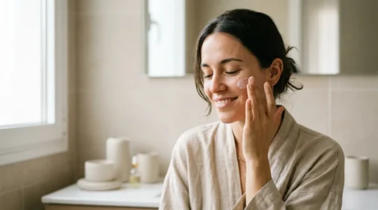 Mujer joven española aplicando crema facial con expresión serena y tranquila, cuidado consciente de la piel