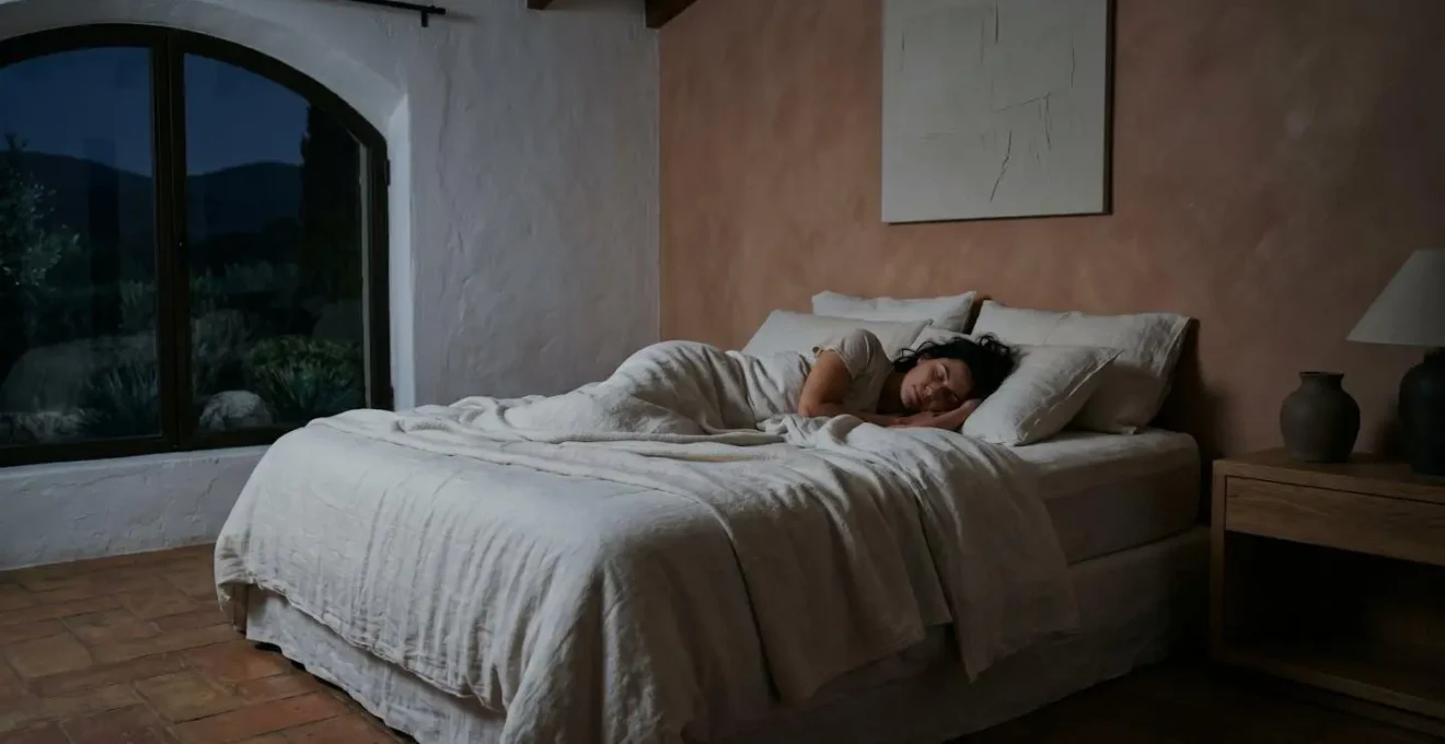 Mujer descansando serenamente en ambiente tranquilo con luz tenue nocturna