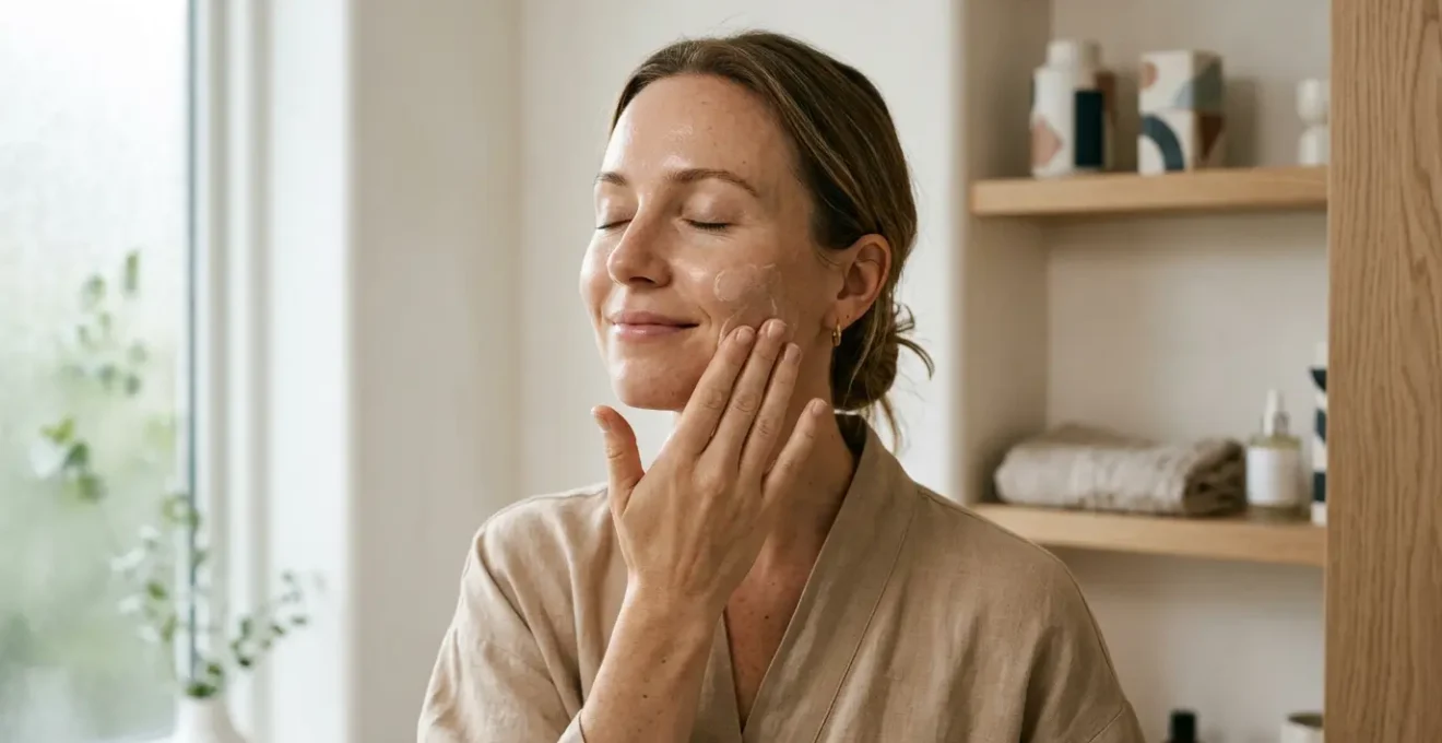 Mujer practicando ritual de belleza consciente en ambiente minimalista y relajado
