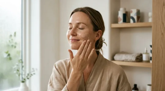 Mujer practicando ritual de belleza consciente en ambiente minimalista y relajado