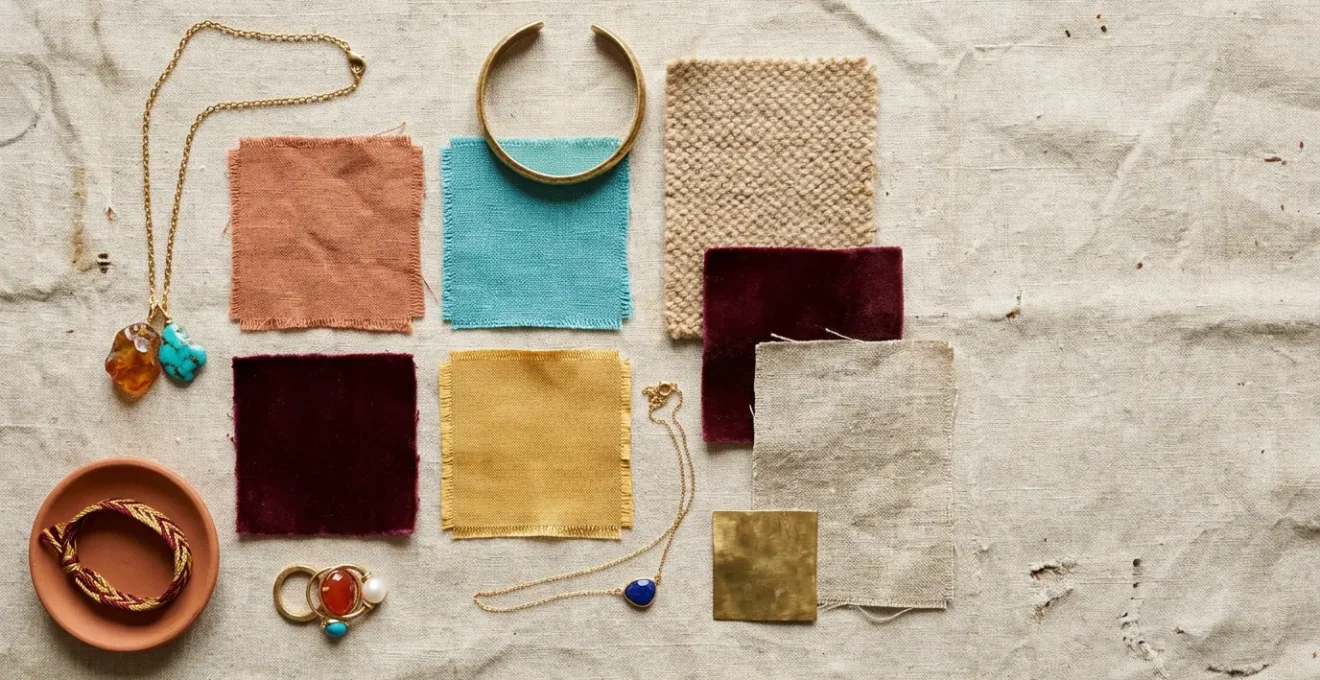 Composición de joyas y prendas organizadas por paletas de colores estacionales en España