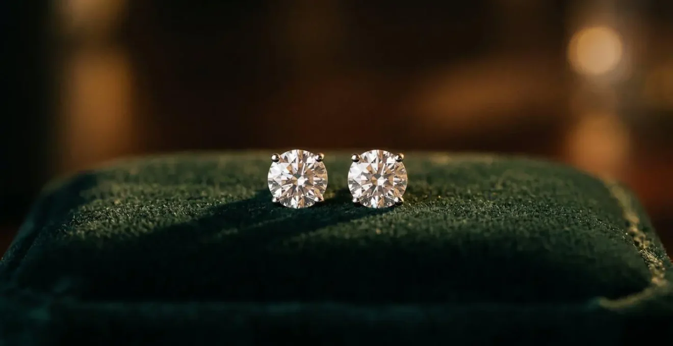 Pendientes de brillantes elegantes presentados sobre superficie minimalista con iluminación dramática