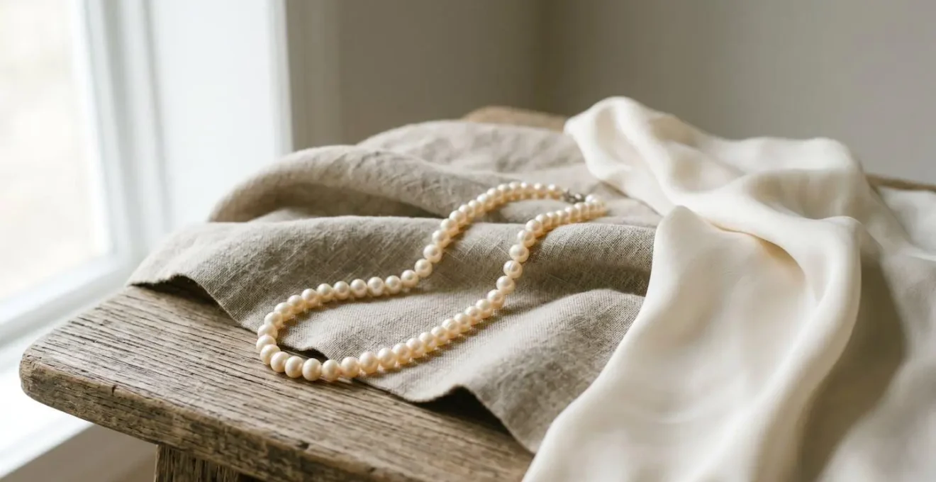 Perlas siendo limpiadas delicadamente con paño de seda en ambiente natural con luz suave