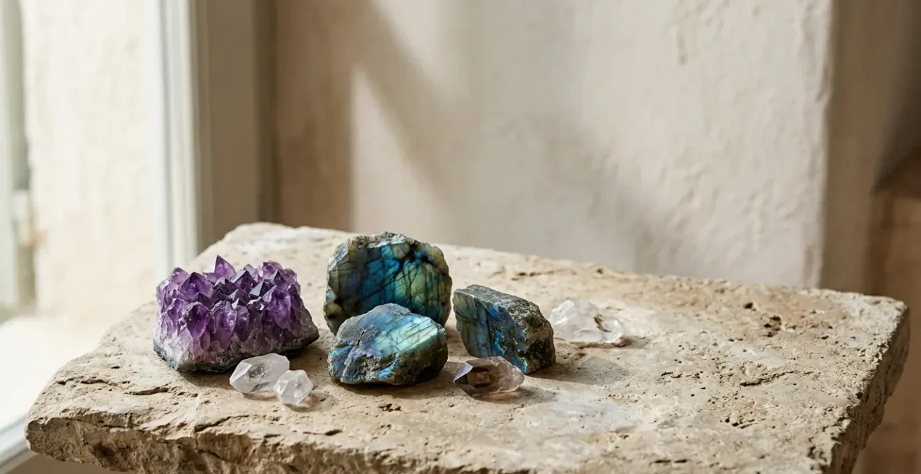 Composición de cristales naturales amatista labradorita sobre fondo minimalista con luz natural suave para despertar la intuición