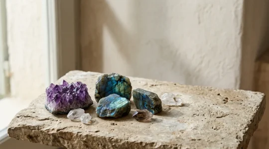 Composición de cristales naturales amatista labradorita sobre fondo minimalista con luz natural suave para despertar la intuición