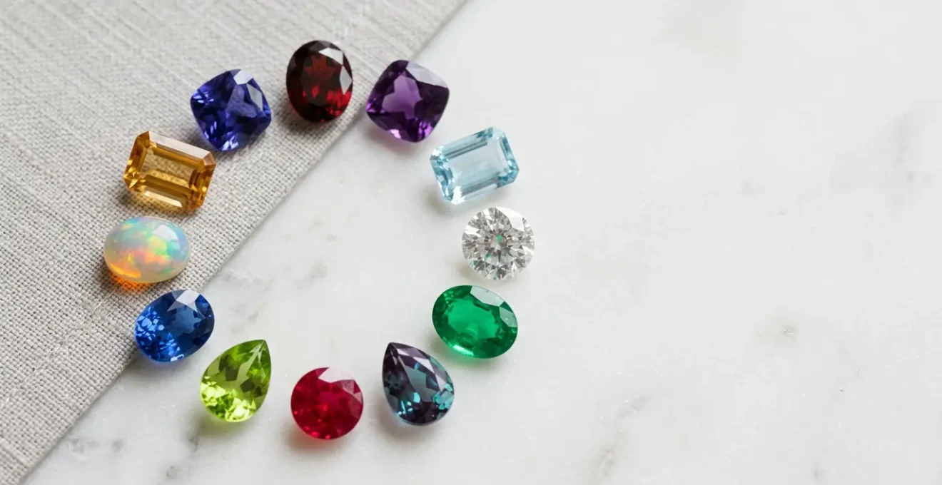 Colección de piedras preciosas de nacimiento organizadas por mes del año sobre fondo elegante