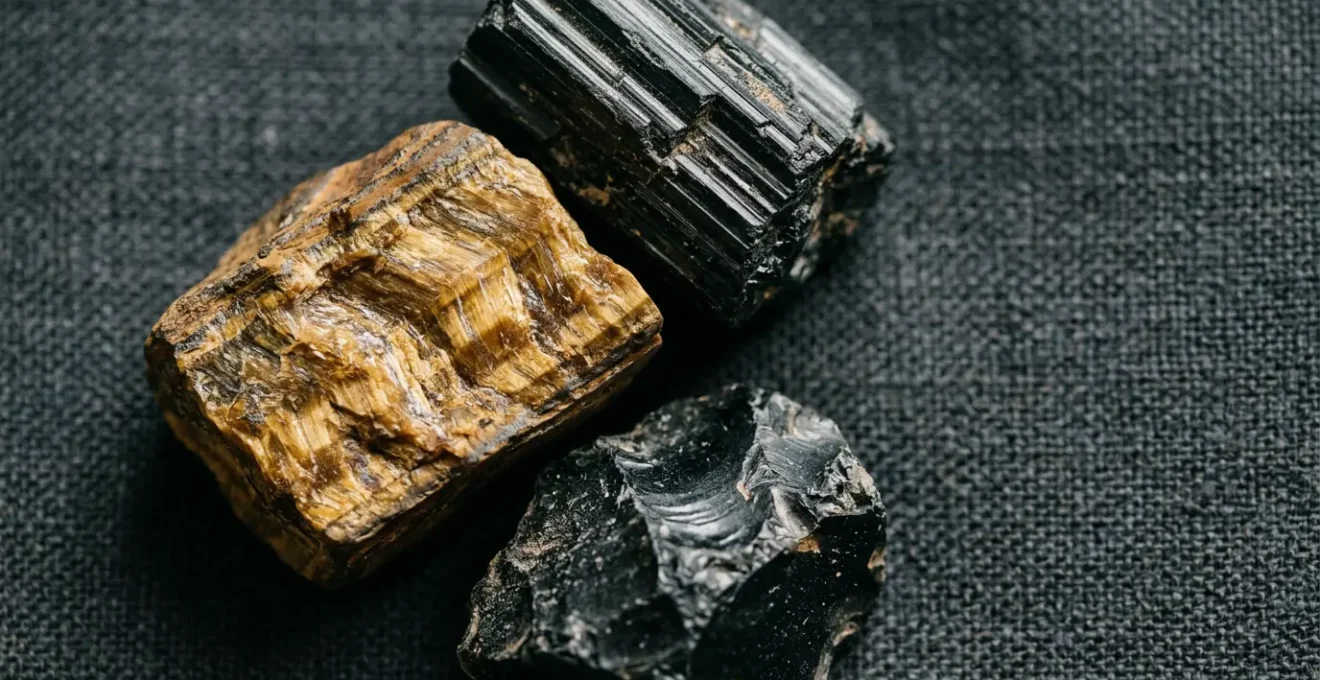 Composición de piedras naturales protectoras con textura y brillos naturales sobre superficie neutra