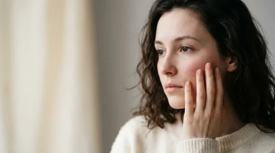 Primer plano de un rostro con piel delicada mostrando la diferencia entre sensibilidad natural y reactiva