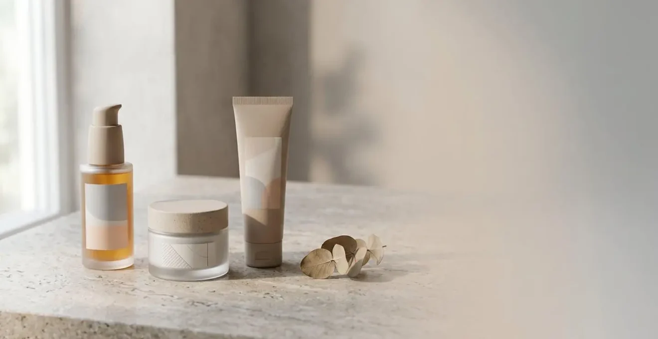 Composición minimalista de tres productos esenciales de cuidado facial sobre superficie neutra, concepto skinimalismo y simplicidad