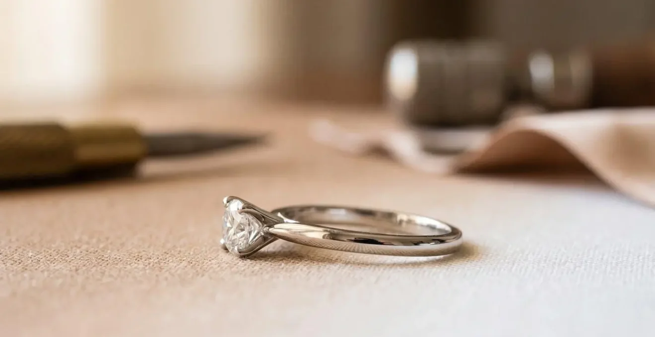 Anillo solitario con proporciones equilibradas mostrando brazo decreciente que realza el diamante central