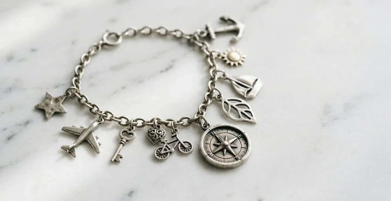 Pulsera de charms de plata de ley con diseño equilibrado mostrando diferentes abalorios personalizados sobre fondo neutro
