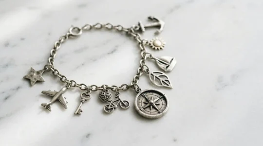 Pulsera de charms de plata de ley con diseño equilibrado mostrando diferentes abalorios personalizados sobre fondo neutro