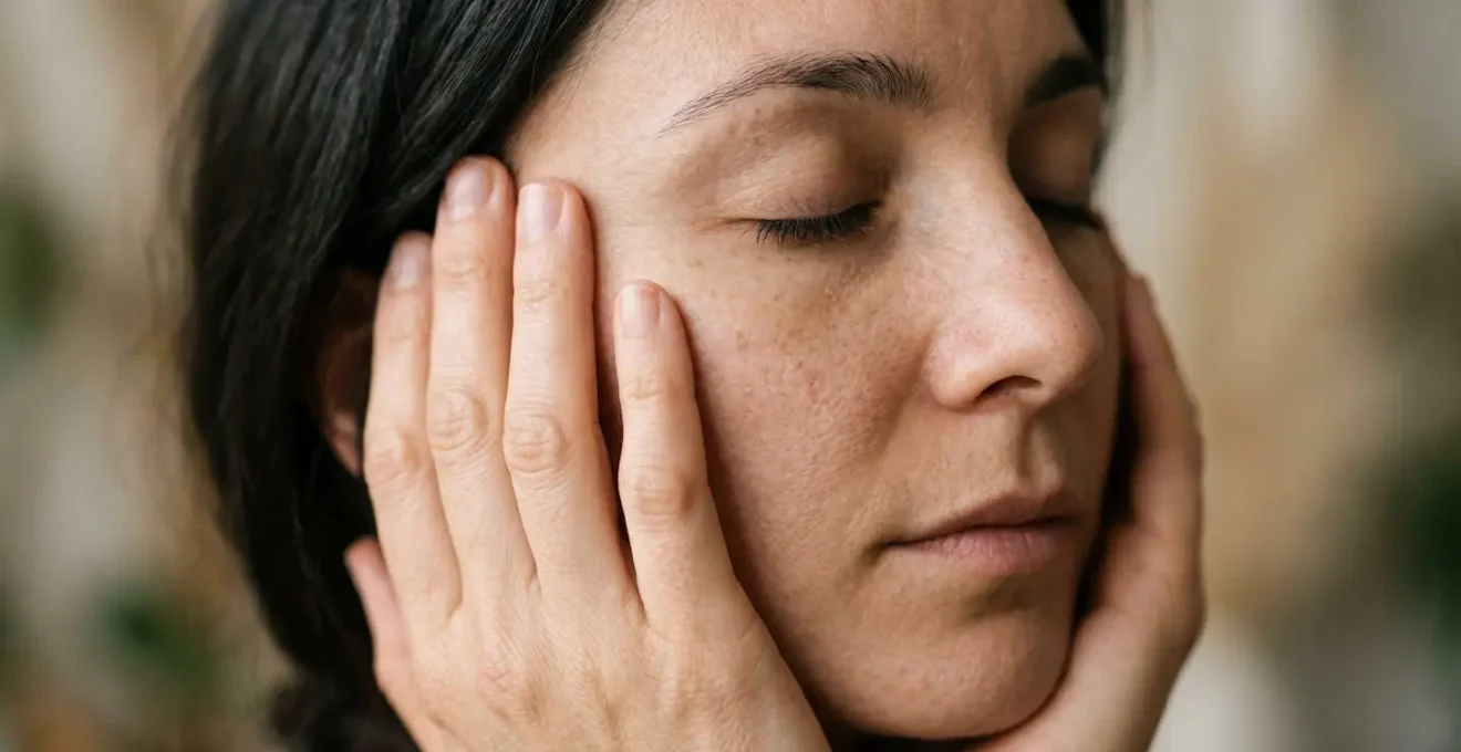 Manos tocando rostro con ojos cerrados en ejercicio de reconexion tactil con la piel real