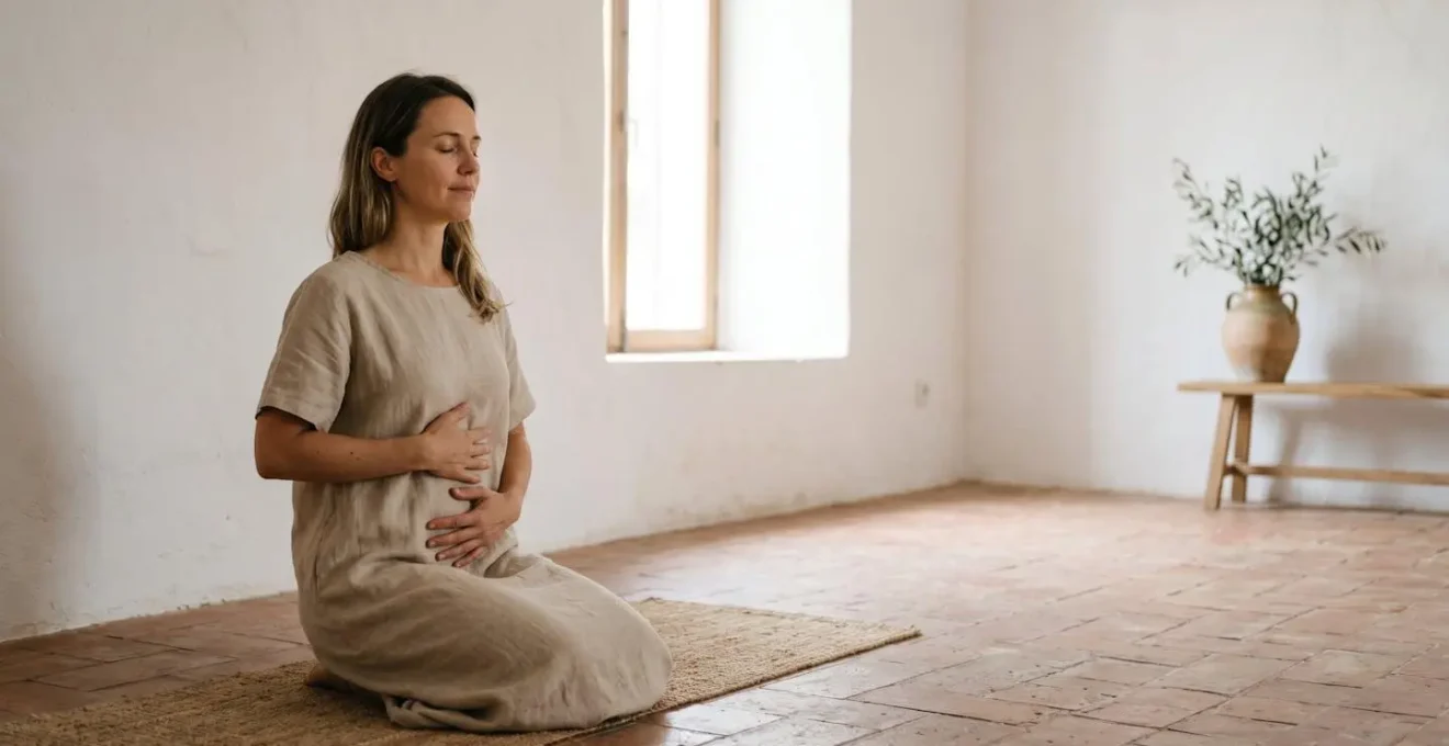 Mujer practicando respiración diafragmática en ambiente minimalista