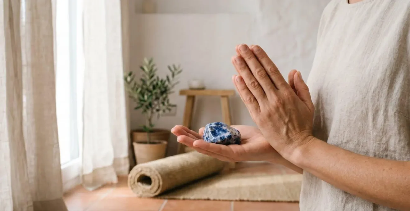 Espacio de meditación minimalista con piedras naturales y luz natural suave creando atmósfera serena