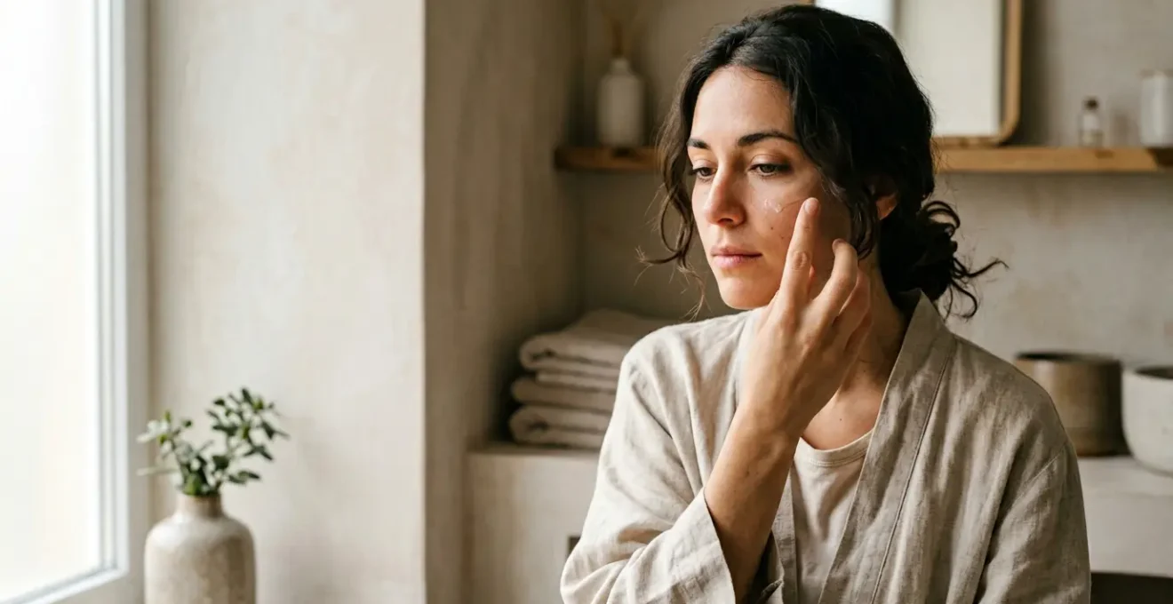 Mujer en momento de reflexion aplicando rutina de cuidado facial con expresion serena y consciente