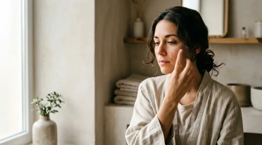 Mujer en momento de reflexion aplicando rutina de cuidado facial con expresion serena y consciente