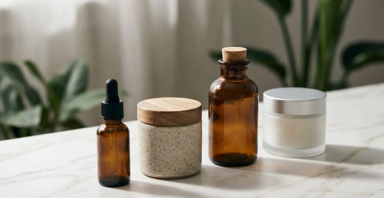 Composición fotográfica mostrando secuencia de productos cosméticos naturales dispuestos en orden de aplicación sobre superficie orgánica
