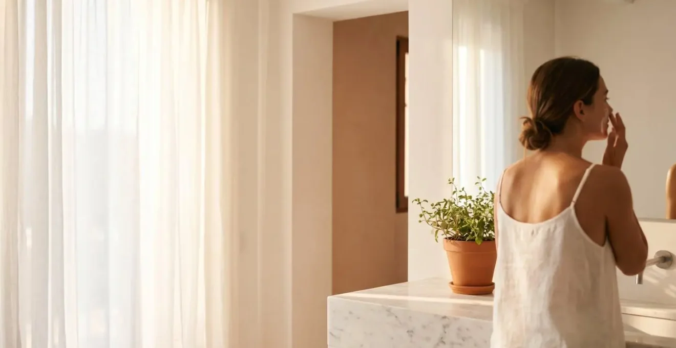 Escena matutina minimalista de cuidado facial con luz natural suave en ambiente español