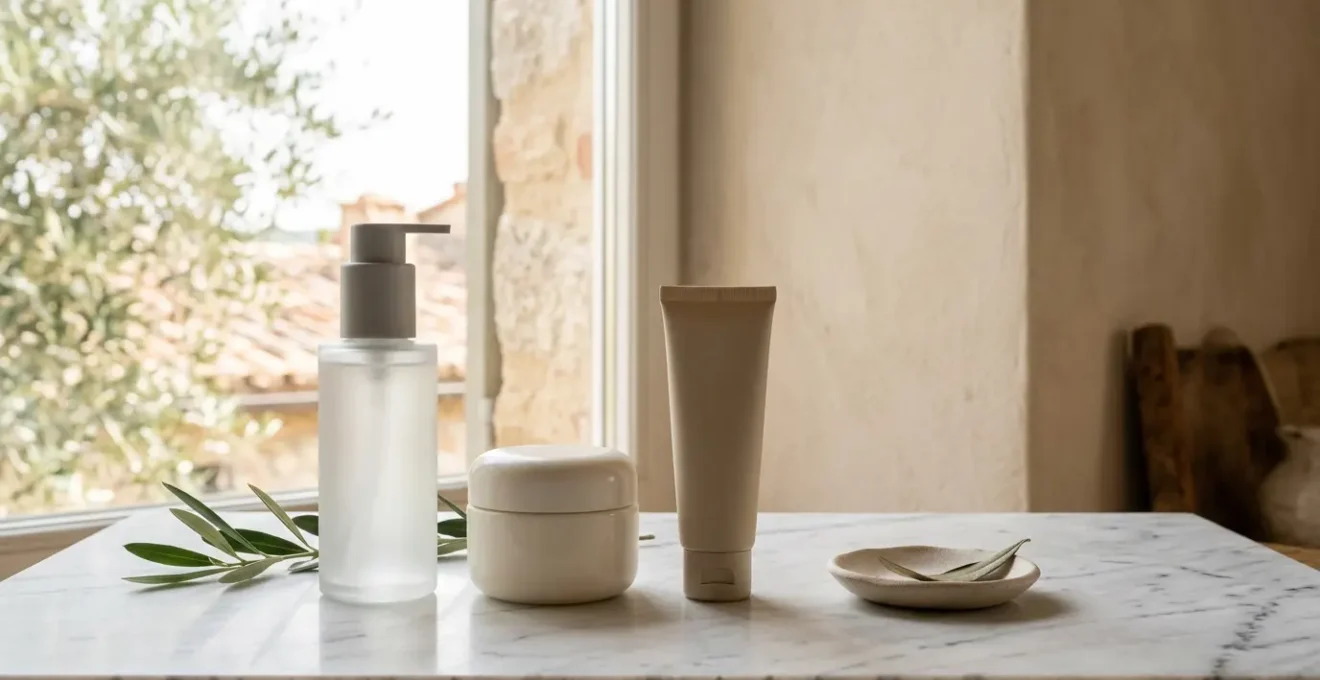 Rutina de skincare minimalista con productos esenciales sobre superficie neutra
