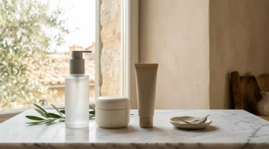 Rutina de skincare minimalista con productos esenciales sobre superficie neutra