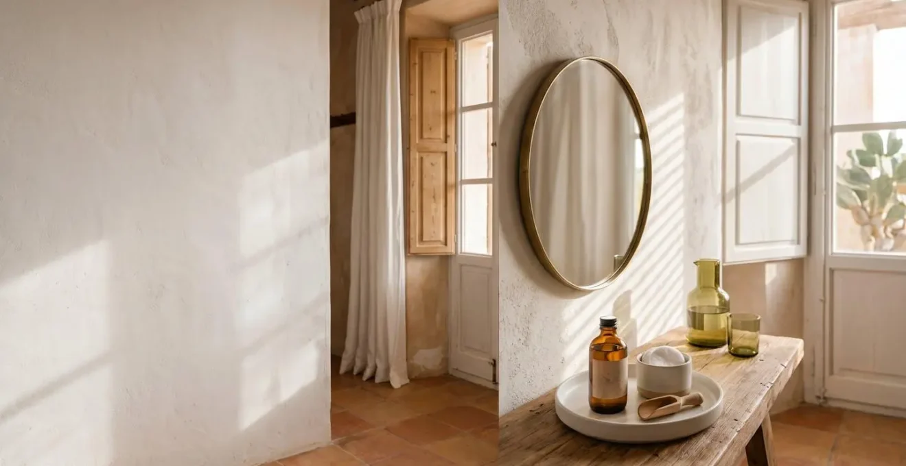 Ambiente minimalista con espacio para rutina de yoga facial matutino en hogar español