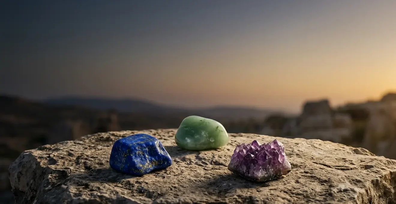 Composición de piedras preciosas antiguas sobre superficie mineral natural que evoca sabiduría ancestral