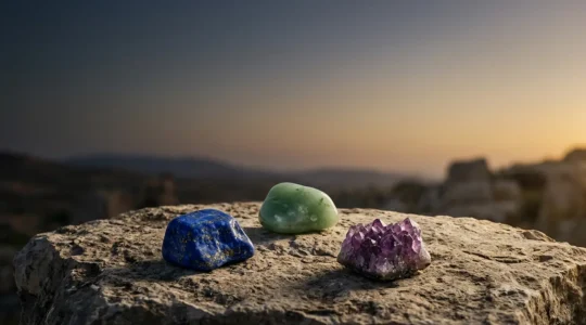 Composición de piedras preciosas antiguas sobre superficie mineral natural que evoca sabiduría ancestral