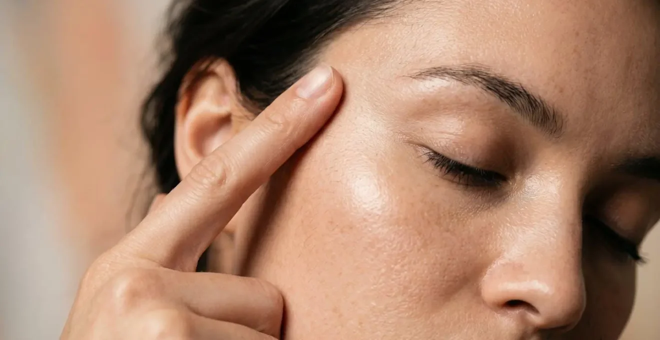 Secuencia de relajación facial mostrando puntos de drenaje linfático en el rostro
