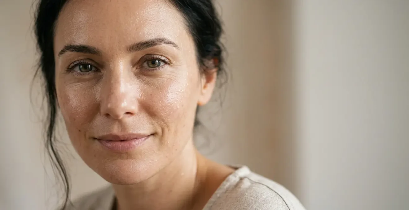 Primer plano de rostro femenino con textura de piel luminosa mostrando diferentes zonas de hidratación, fondo minimalista con luz natural suave