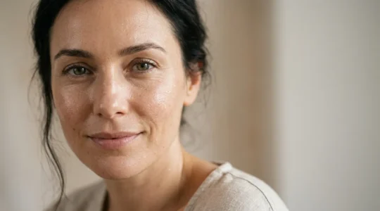 Primer plano de rostro femenino con textura de piel luminosa mostrando diferentes zonas de hidratación, fondo minimalista con luz natural suave