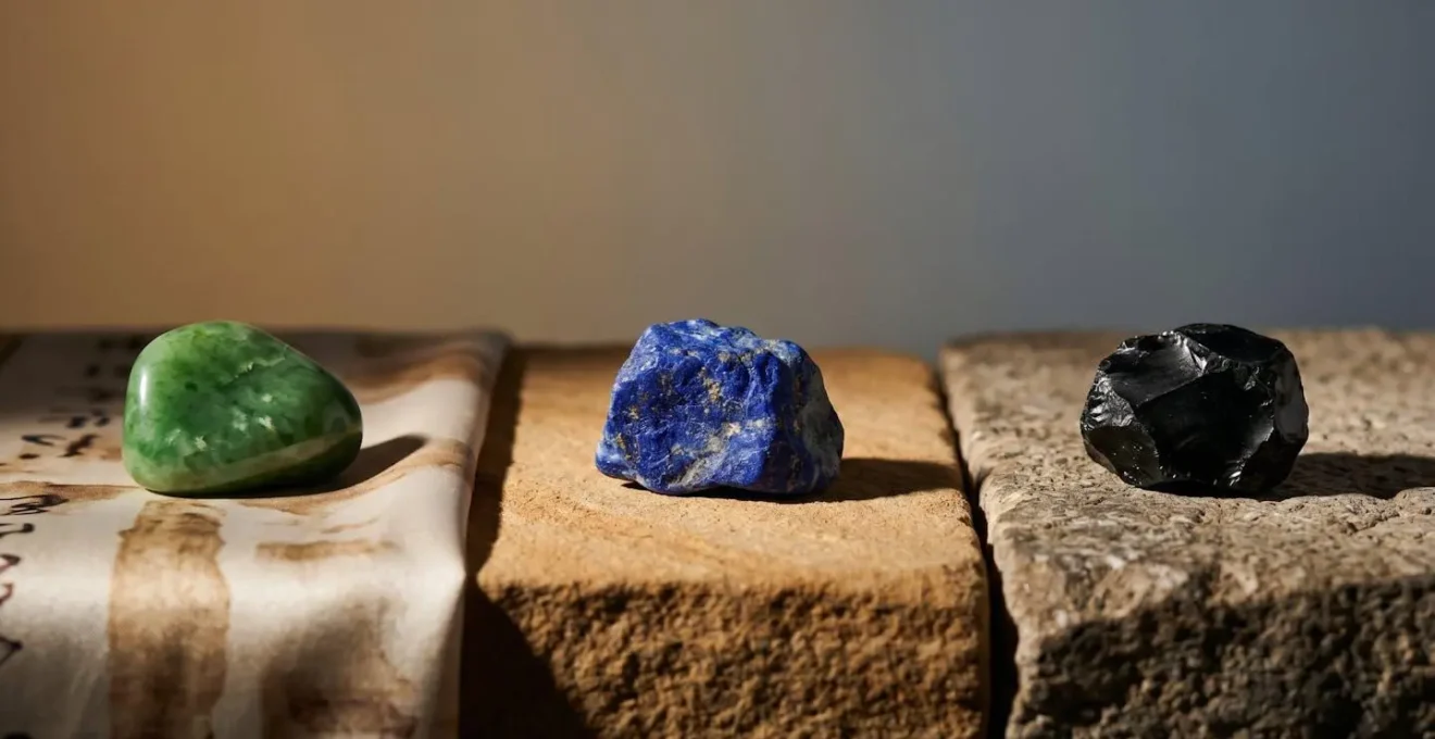 Representación simbólica de tres tradiciones de sabiduría mediante piedras sobre mapas ancestrales difuminados