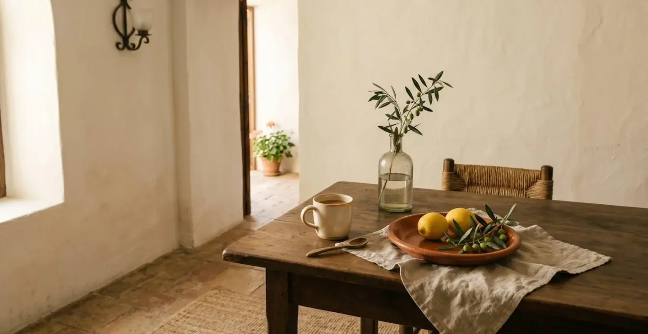 Escena minimalista de una mesa con luz natural que evoca la calma de la sobremesa española