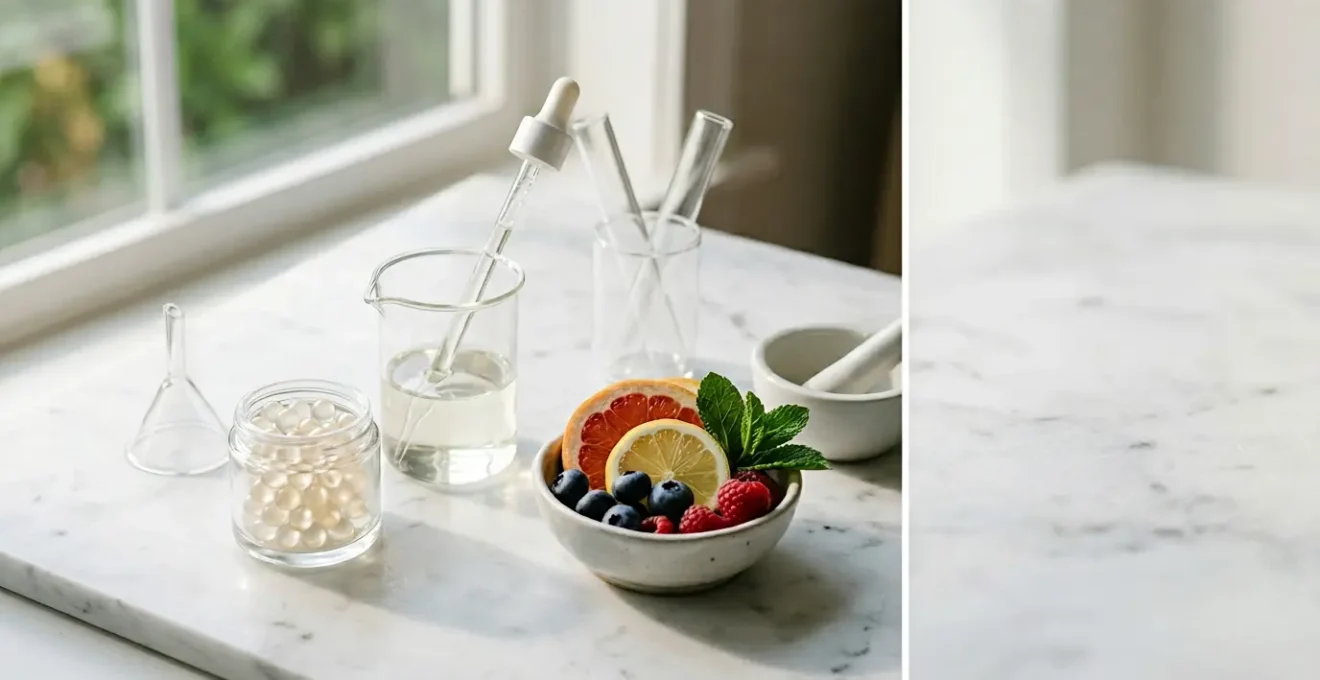 Composición editorial de suplementos de belleza con ingredientes naturales y elementos científicos en ambiente minimalista