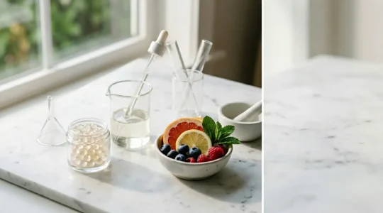Composición editorial de suplementos de belleza con ingredientes naturales y elementos científicos en ambiente minimalista