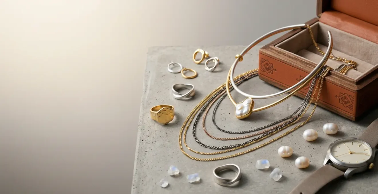 Composición elegante de piezas de bisutería contemporánea sobre fondo minimalista que evoca las tendencias de inversión de la temporada