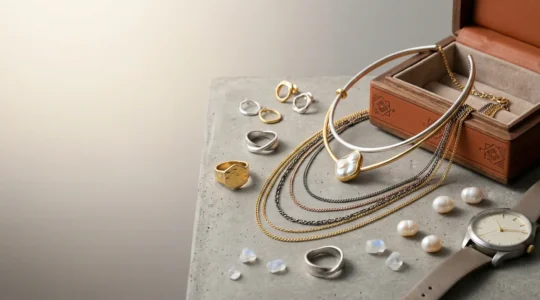 Composición elegante de piezas de bisutería contemporánea sobre fondo minimalista que evoca las tendencias de inversión de la temporada