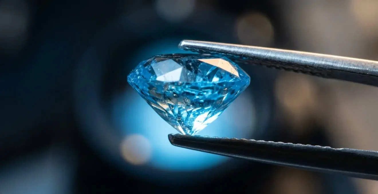 Topacio azul examinado bajo luz ultravioleta en laboratorio gemológico mostrando características de tratamiento