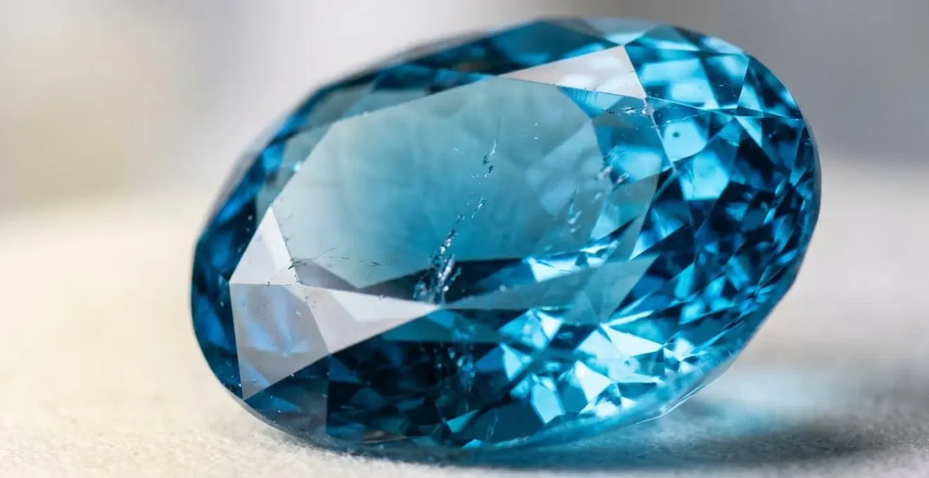 Detalle macro de un cristal de topacio azul mostrando su estructura y brillos internos