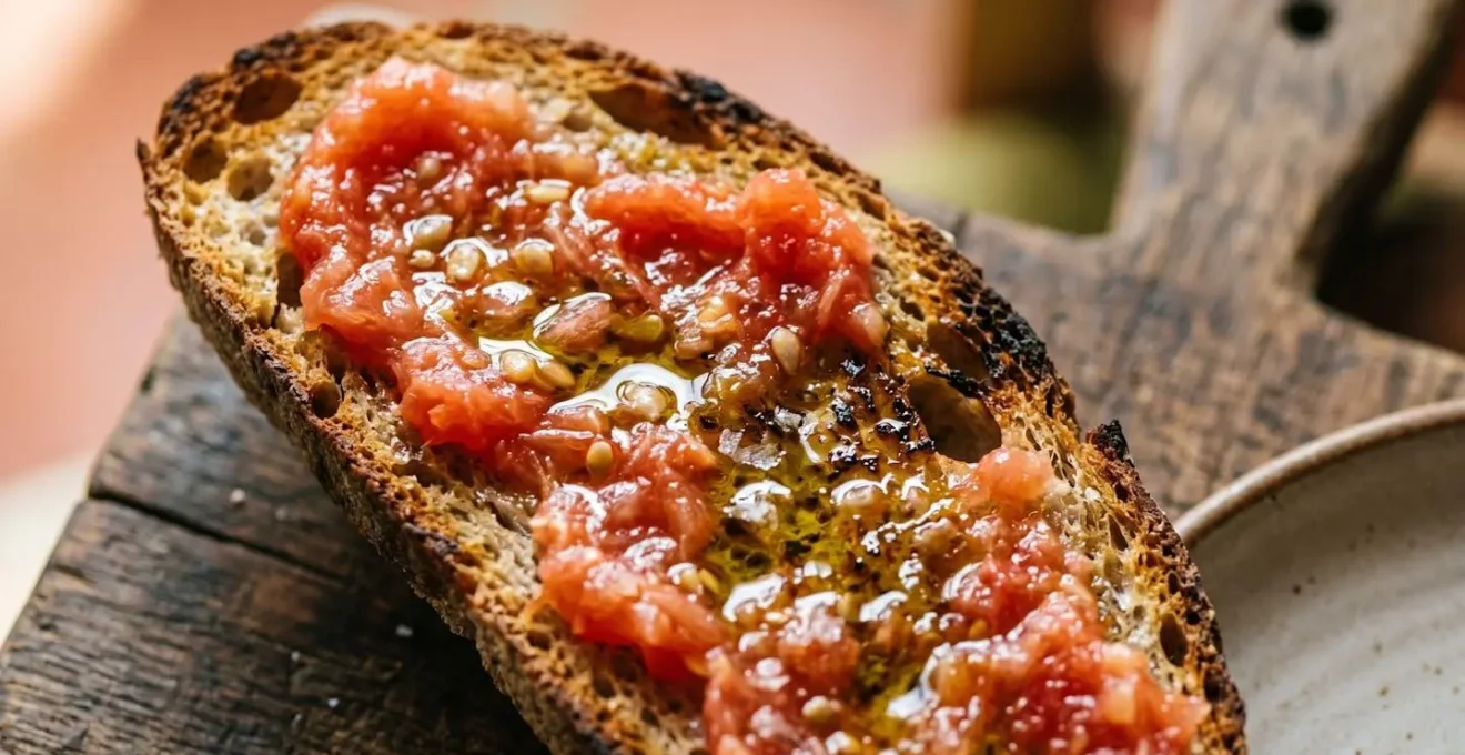 Tostada con tomate fresco y aceite de oliva virgen extra sobre tabla de madera rústica