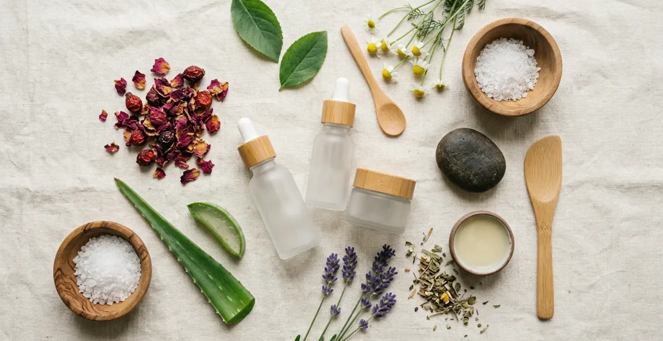 Composición editorial minimalista sobre cosmética natural con frascos de vidrio, ingredientes botánicos frescos y texturas orgánicas en atmósfera serena