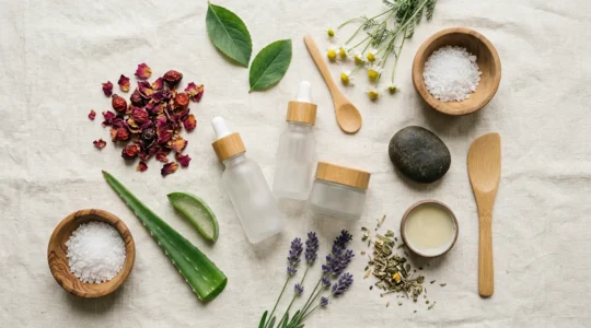 Composición editorial minimalista sobre cosmética natural con frascos de vidrio, ingredientes botánicos frescos y texturas orgánicas en atmósfera serena