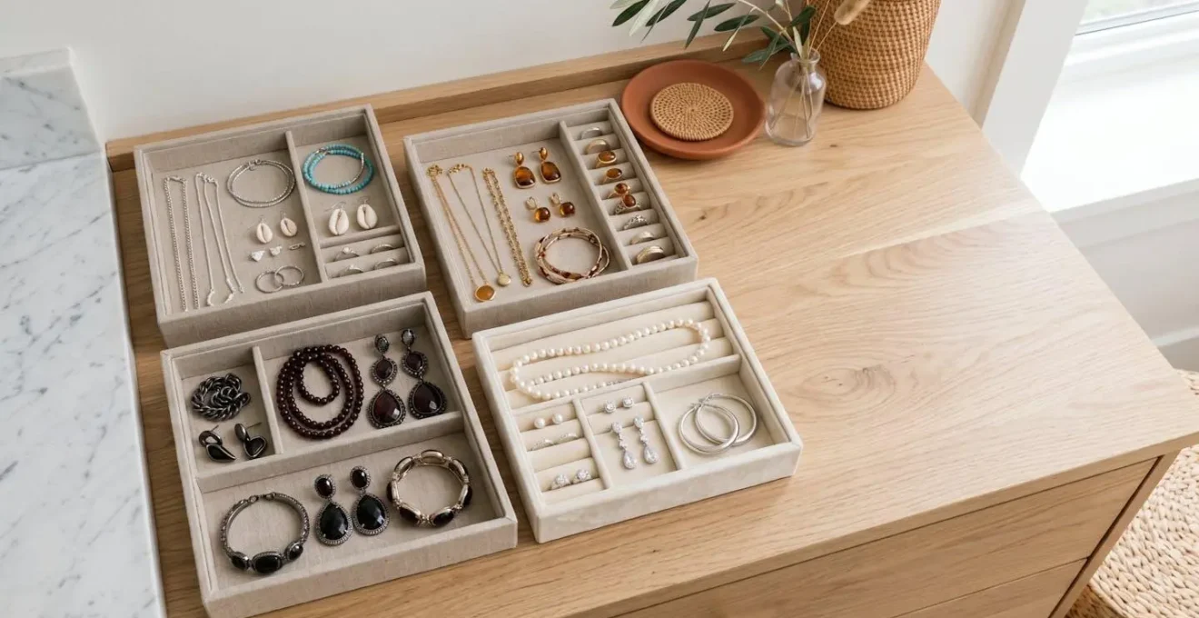 Sistema de organización de joyería en cajas separadas por temporada con etiquetas estacionales